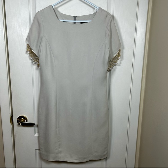 J Mclaughlin midi Bejeweled sleeves Cream Colored Dress Size 10 made in USA - Picture 1 of 13